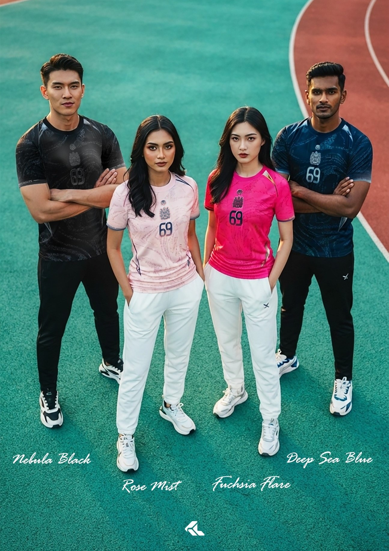 KITLEVA four-colour jersey collection group photo: Nebula Black, Rose Mist, Fuchsia Flare and Deep Sea Blue